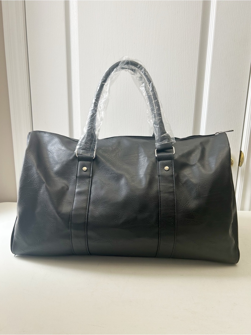 Black Faux Leather Weekender Bag Travel Duffel - Picture 3 of 10